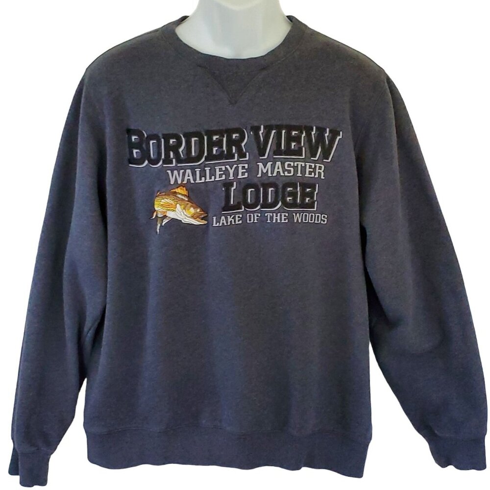 Border View Lodge Sweatshirt Large Grey Embroidered Walleye Fish Destination